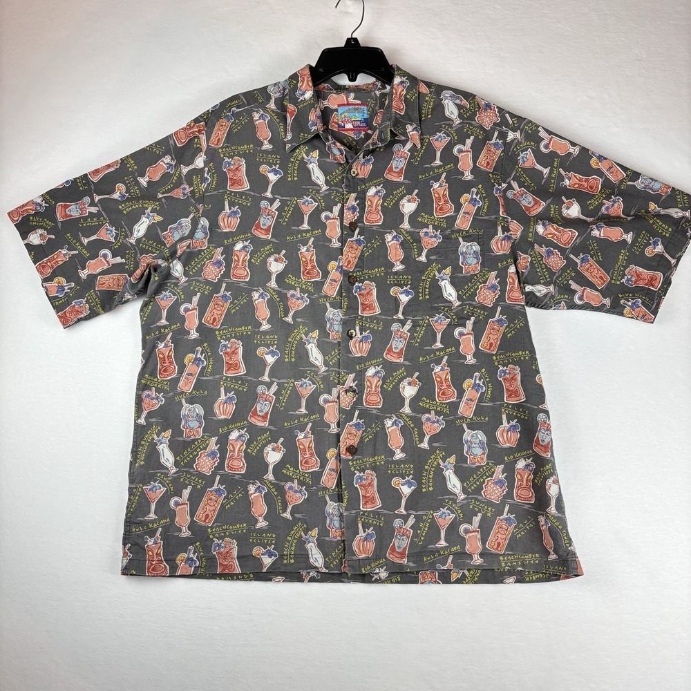 Reyn Spooner Joe Kealoha Tiki Drinks Cocktails Hawaiian Shirt‎ Gray SS BD XL